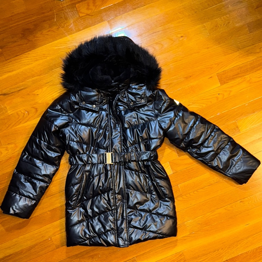 Abercrombie Kids Shiny Black Jacket with Faux Fur Hood size 13/14